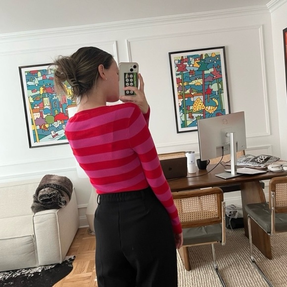 Zara Viral Ribbed Knit Cropped Sweater, Pink / Red‎ Striped - Picture 4 of 6